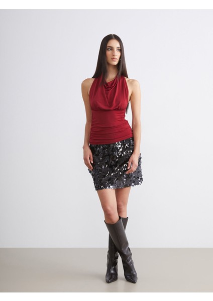 Yeni Sezon Dökümlü Halter Yaka Büzgülü Bluz fiyatları