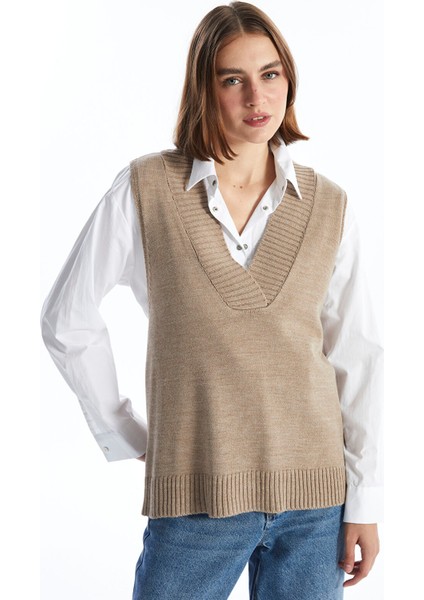 Yeni Sezon Kadın V Yaka Düz Triko Süveter