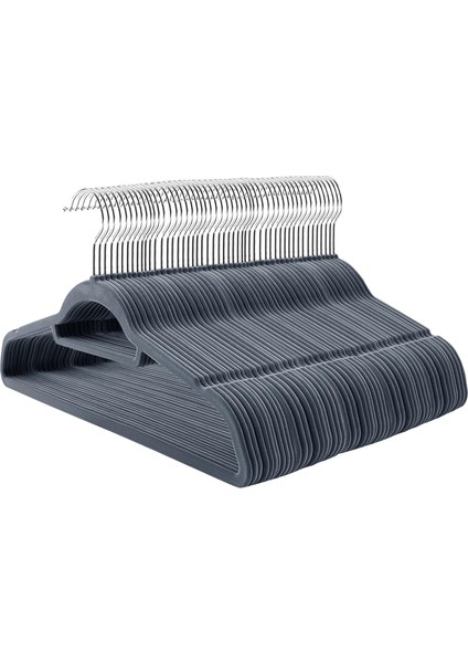 CRF100VX 100 Adet Kadife Askısı, Kaymaz Yüzeyli Askı Seti, Yer Tasarrufu Sağlayan Askısı, 360° Dönebilen Metal Kancalı, Açık Gri, CRF100VX