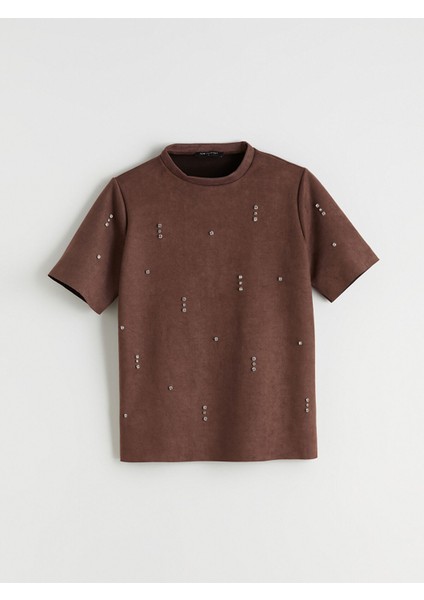 Yeni Sezon Bisiklet Yaka Taşlı Süet Görünümlü Bluz indirimleri