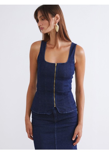 Yeni Sezon Kare Yaka Kadın Jean Yelek