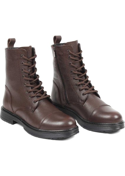 Erkek Kahverengi Bağcıklı Fermuarlı Deri Bot
