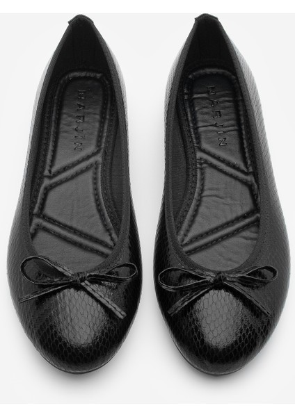 Kadın Günlük Babet Yuvarlak Burun Balerin Babet Adusa Siyah Yılan