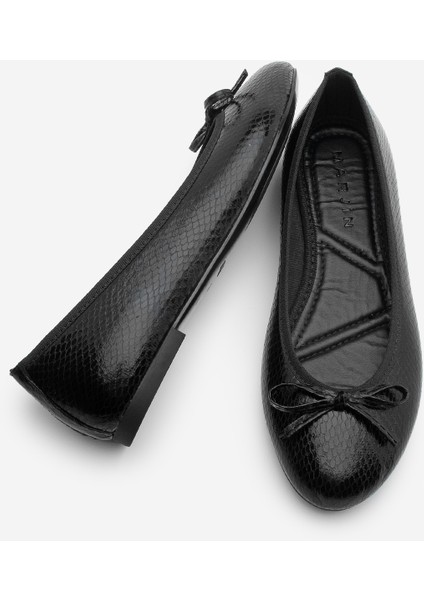 Kadın Günlük Babet Yuvarlak Burun Balerin Babet Adusa Siyah Yılan