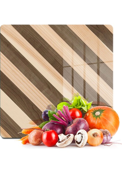 Cam Kesme Tahtası ve Sunumluk Kare Karışık Ahşap Desenli 30X30 cm