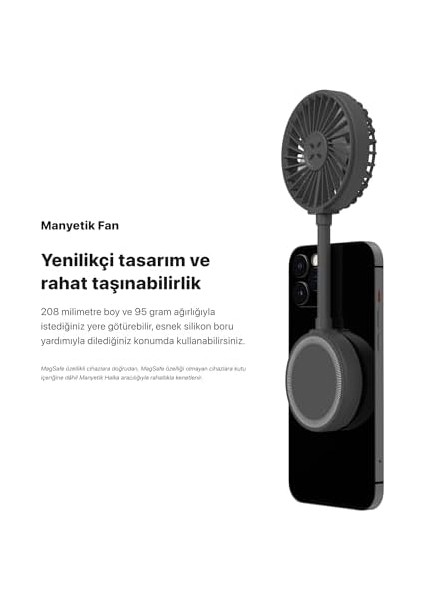 Smart Manyetik Fan Taşınabilir USB Type-C Şarj Edilebilir Ultra Sessiz 3 Hız Kademeli Soğutucu Uyumlu Telefon Fanı (Gri) X6104 modelleri