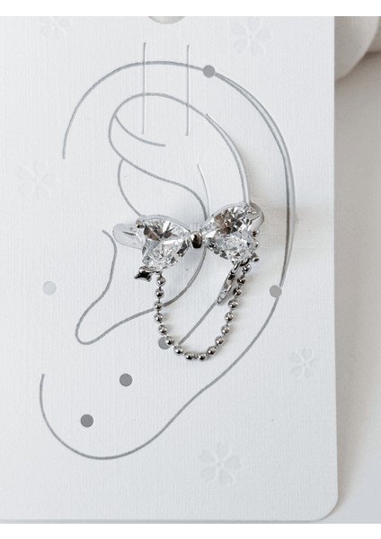 Parlak Kurdele Detaylı Sarkıntılı Zincir ve Yıldızlı Silver Earcuff