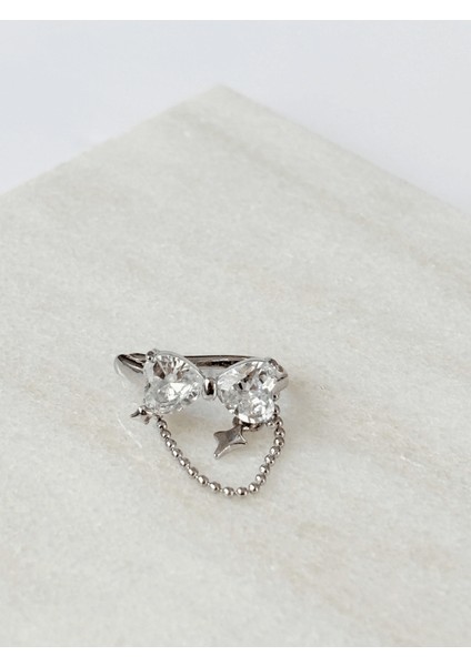 Parlak Kurdele Detaylı Sarkıntılı Zincir ve Yıldızlı Silver Earcuff modelleri