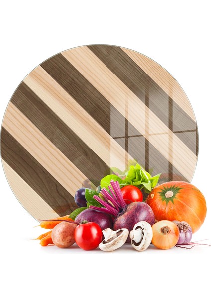 Cam Kesme Tahtası ve Sunumluk Yuvarlak Karışık Ahşap Desenli 30X30 cm
