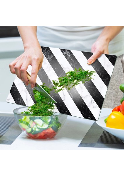 Cam Kesme Tahtası ve Sunumluk Çarpraz Siyah Beyaz Mermer Desenli 20X30 cm indirimleri