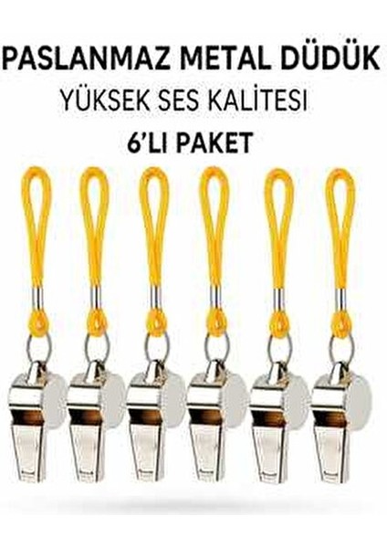Kaliteli Düdük Seti 5 Adet Sarı İpli Paslanmaz Çelik Hakem Düdüğü