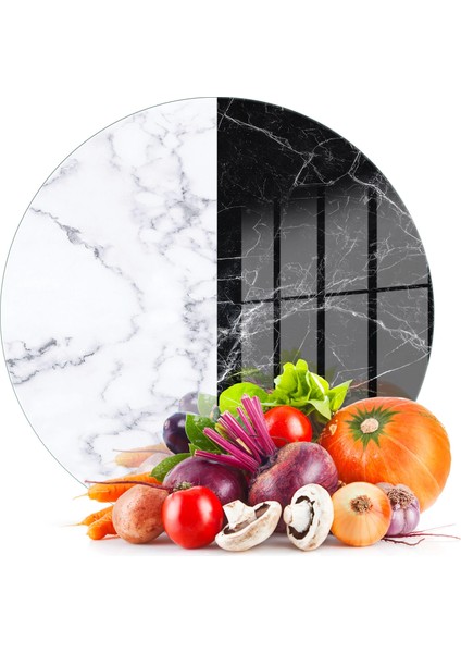 Cam Kesme Tahtası ve Sunumluk Yuvarlak Double Siyah Beyaz Mermer Desenli 30X30 cm