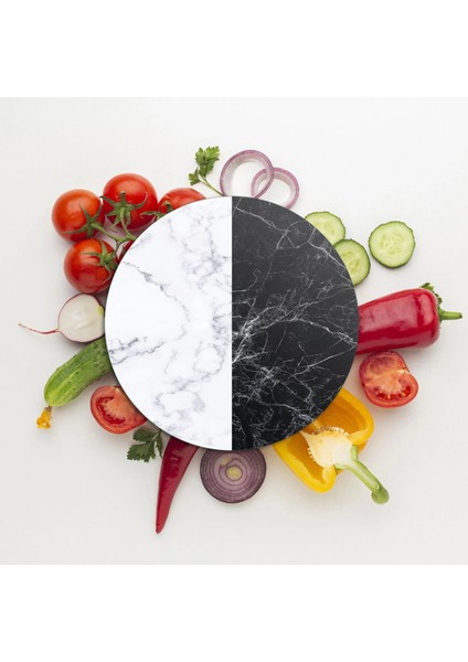 Cam Kesme Tahtası ve Sunumluk Yuvarlak Double Siyah Beyaz Mermer Desenli 30X30 cm modelleri