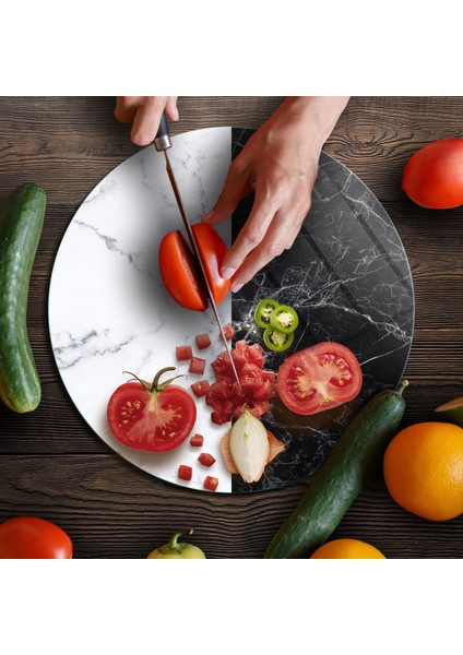 Cam Kesme Tahtası ve Sunumluk Yuvarlak Double Siyah Beyaz Mermer Desenli 30X30 cm fırsatları