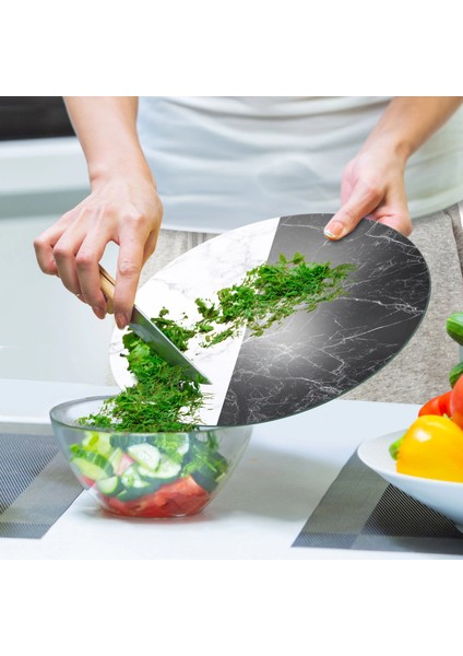 Cam Kesme Tahtası ve Sunumluk Yuvarlak Double Siyah Beyaz Mermer Desenli 30X30 cm indirimleri