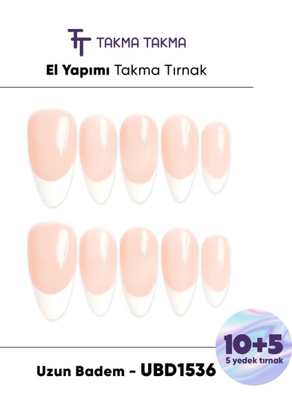 15'li Ten Rengi Uzun Badem UBDK1536FK Tekrar Kullanılabilir El Yapımı Protez Takma Tırnak - Ten Rengi-XS