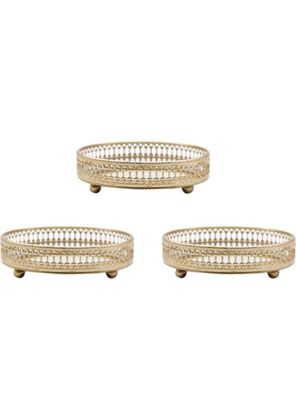 3x Altın Demir Mücevher Depolama Tepsisi Cam Ayna Makyaj Yöneticisi Masaüstü Kozmetik Tatlı Dekoratif Ekran Tepsi 25CM (Yurt Dışından)