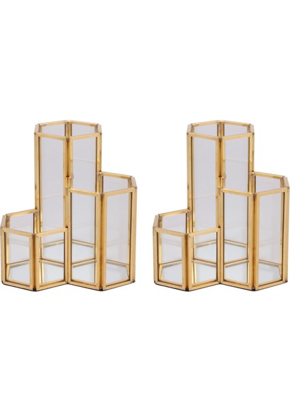 2x Cam Bakır Altıgen Kompozit Kalem Tutucu Makyaj Fırçası Cam Kutu Çok Fonksiyonlu Masaüstü Organizatör Ofis Aksesuarları (Yurt Dışından)