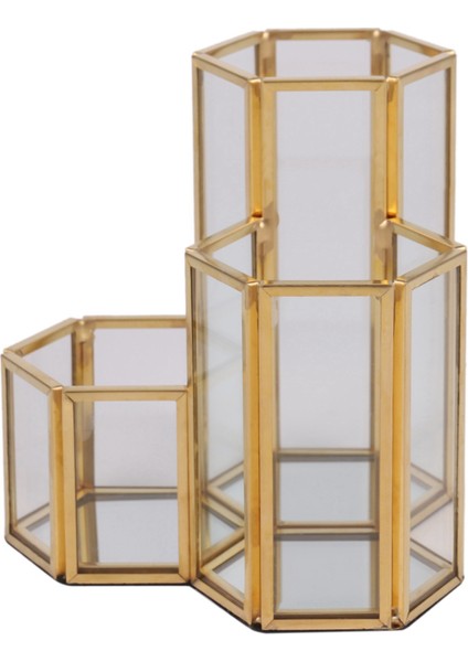 2x Cam Bakır Altıgen Kompozit Kalem Tutucu Makyaj Fırçası Cam Kutu Çok Fonksiyonlu Masaüstü Organizatör Ofis Aksesuarları (Yurt Dışından) fiyatları