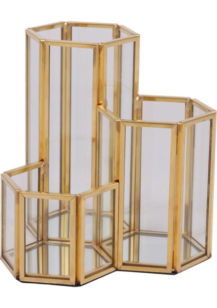 2x Cam Bakır Altıgen Kompozit Kalem Tutucu Makyaj Fırçası Cam Kutu Çok Fonksiyonlu Masaüstü Organizatör Ofis Aksesuarları (Yurt Dışından) fırsatları