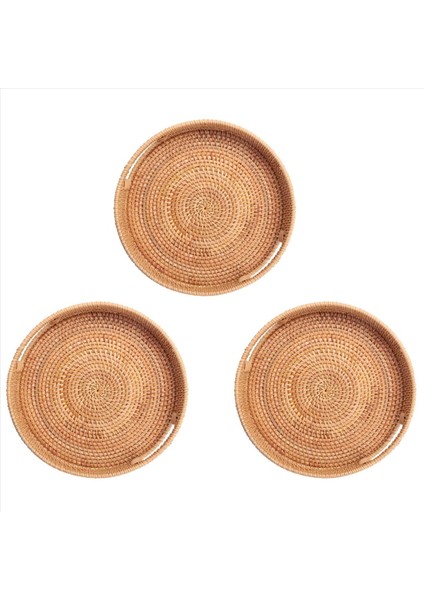 3x Yuvarlak Rattan Dokuma Tepsiyle Tutamaklı Osmanlı Tepsisi Kahvaltı Içecekler Sehpa Dekoratif Için Atıştırmalık (Yurt Dışından)