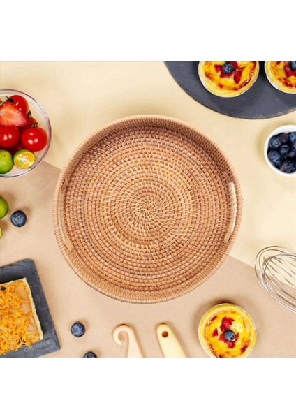 3x Yuvarlak Rattan Dokuma Tepsiyle Tutamaklı Osmanlı Tepsisi Kahvaltı Içecekler Sehpa Dekoratif Için Atıştırmalık (Yurt Dışından) fırsatları