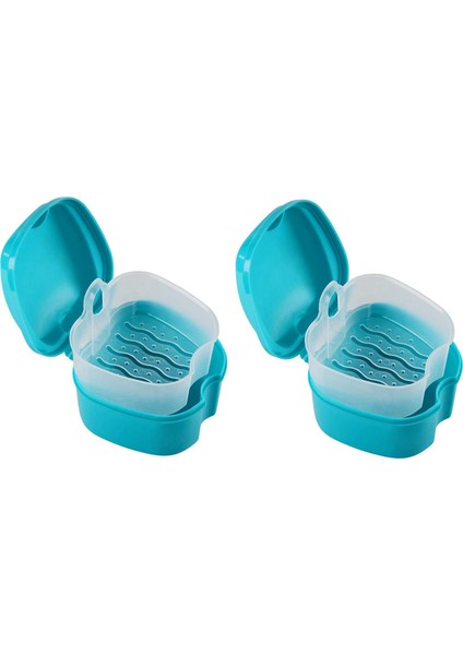 2x Mavi Protez Kasası Süzgeçli Protez Bardağı Protez Banyosu Dişler Depolama Kutusu Sepet Net Kap Tutucusu (Yurt Dışından)