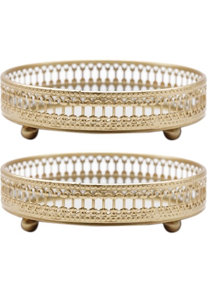 2x Altın Demir Mücevher Depolama Tepsisi Cam Ayna Makyaj Yöneticisi Masaüstü Kozmetik Tatlı Dekoratif Ekran Tepsi 25CM (Yurt Dışından)