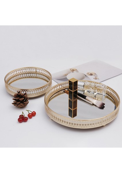 2x Altın Demir Mücevher Depolama Tepsisi Cam Ayna Makyaj Yöneticisi Masaüstü Kozmetik Tatlı Dekoratif Ekran Tepsi 25CM (Yurt Dışından) fırsatları