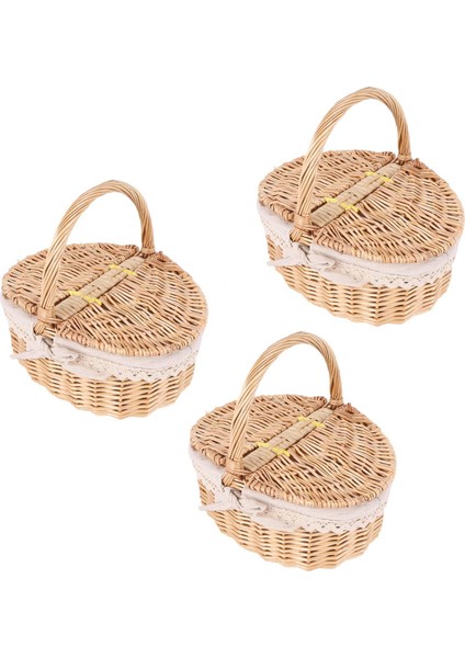 Çift Kapaklı Tutamaklı Piknik Sepeti ile 3x El Yapımı Hasır Sepet Depolama Bez Astarlı Sepet Sepeti Sepeti (Yurt Dışından)