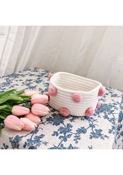 2x Pamuk Dokuma Depolama Sepeti Sevimli Ponpon Dekor Sunribatları Bitiren Kutu Iskandinav Kozmetik Oyuncaklar Organizatör Çerçeve Pembe S (Yurt Dışından) fırsatları