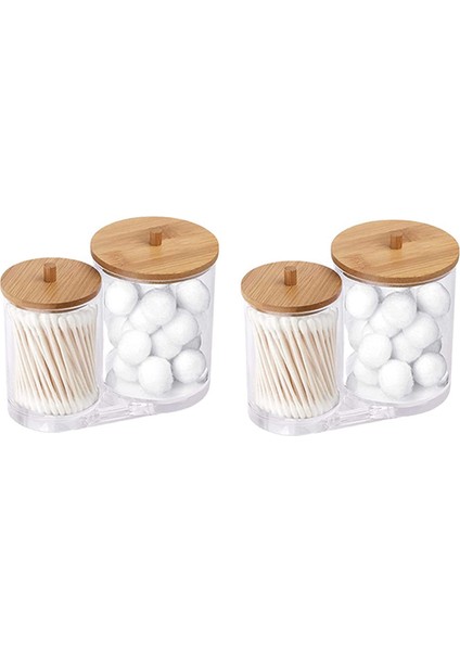 Bambu Kapaklı 2x Pamuklu Çubuk Pedler Tutucu Akrilik Qtıp Tutucu Pamuk Tomurcukları Top Dağıtıcı Pamuk Yuvarlak Ped (Yurt Dışından)