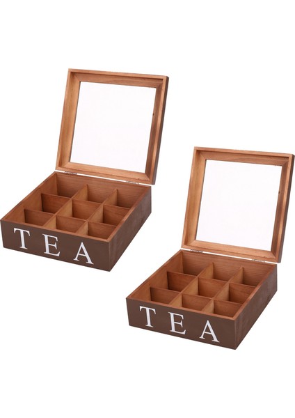 2x Ahşap 9 Izgaralar Çay Kutusu Çay Poşetleri Konteyner Saklama Kutusu Kare Kutusu Kasa Şeffaf Üst Kapak Mücevher Saklama Kutusu (Yurt Dışından)