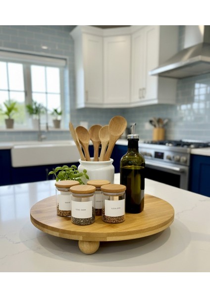 Top Ayaklı Yuvarlak Bambu Pasta Standı & Kek Standı – En Büyük Boy 29X29 cm Bambu Sunumluk ve Servis Tabağı