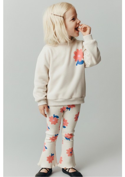 Kız Çocuk Pamuklu Ekru Çiçek Baskılı Sweatshirt ve Eşofman Takım