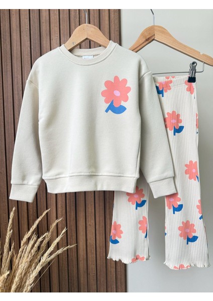Kız Çocuk Pamuklu Ekru Çiçek Baskılı Sweatshirt ve Eşofman Takım fiyatları