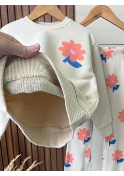 Kız Çocuk Pamuklu Ekru Çiçek Baskılı Sweatshirt ve Eşofman Takım fırsatları