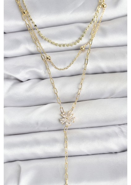 Pirinç Gold Renk Zirkon Taşlı Çiçek Model Detaylı 3'lü Kombin Y Kadın Kolye - Lisinya