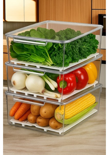 Lüks 3'lü Süzgeçli Kapaklı Buzdolabı Düzenleyici | Saklama Kabı | Dolap Içi Düzenleyici Organizer |