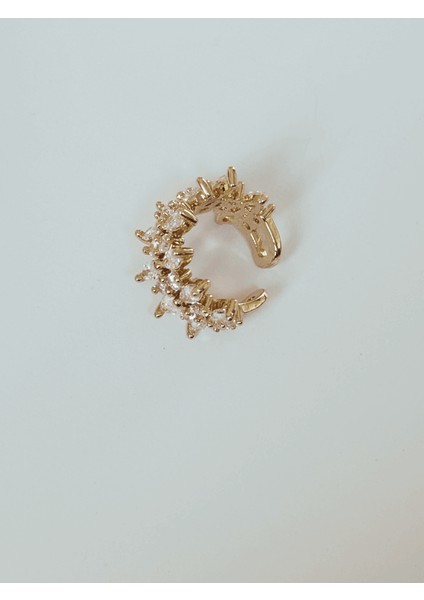 Oval ve Yuvarlak Parlak Taşlı Gold Earcuff