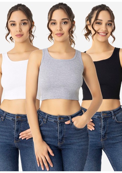 Kadın Pamuklu Kaşkorse Bisiklet Yaka Kalın Askılı Crop Siyah Beyaz Gri 3'lü Set