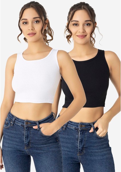 Kadın Pamuklu Fitilli Halter Yaka Kalın Askılı Crop Beyaz Siyah 2'li Paket