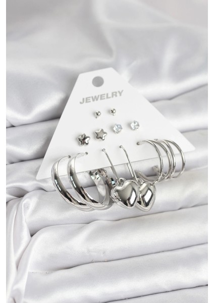 Pirinç Gümüş Renk 6 Çift Kadın Küpe Seti