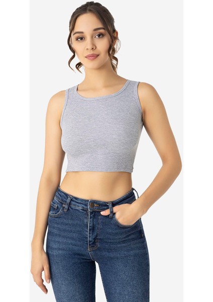 Kadın Pamuklu Fitilli Halter Yaka Kalın Askılı Crop Gri