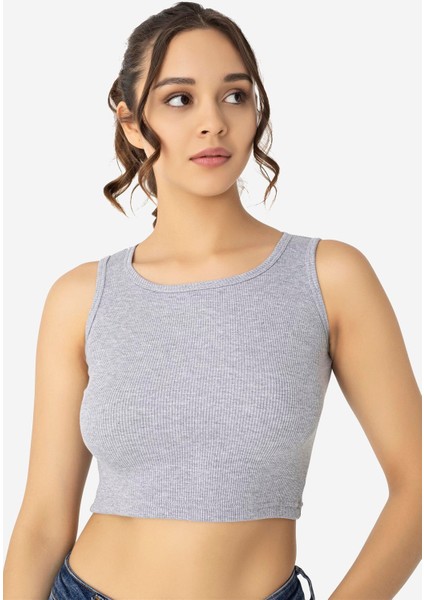 Kadın Pamuklu Fitilli Halter Yaka Kalın Askılı Crop Gri