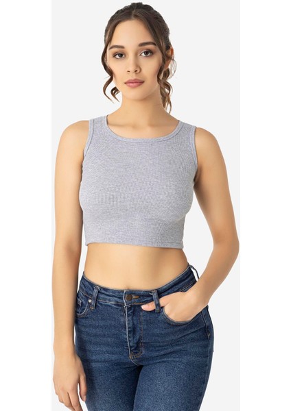 Kadın Pamuklu Fitilli Halter Yaka Kalın Askılı Crop Gri