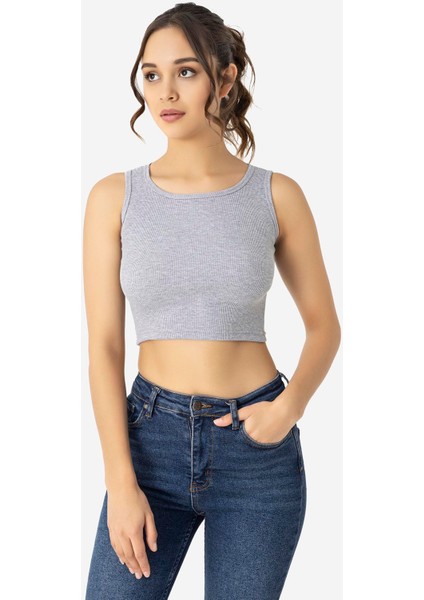 Kadın Pamuklu Fitilli Halter Yaka Kalın Askılı Crop Gri