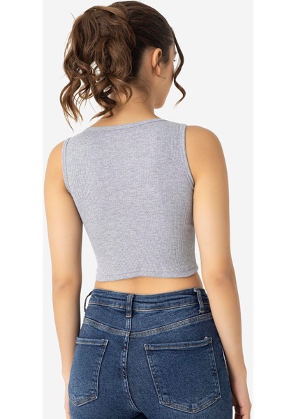 Kadın Pamuklu Fitilli Halter Yaka Kalın Askılı Crop Gri