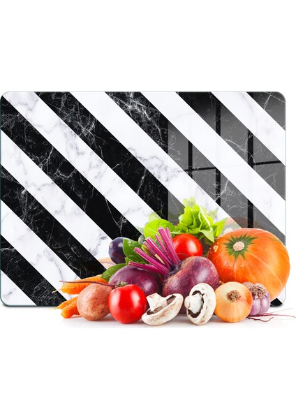 Cam Kesme Tahtası ve Sunumluk Çarpraz Siyah Beyaz Mermer Desenli 30X40 cm