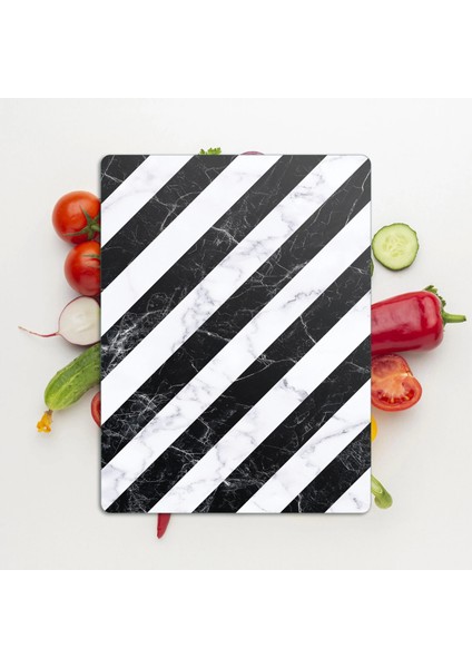 Cam Kesme Tahtası ve Sunumluk Çarpraz Siyah Beyaz Mermer Desenli 30X40 cm modelleri